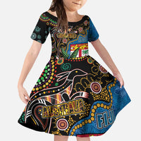 Fijian and Australian Culture Together Family Matching Long Sleeve Bodycon Dress and Hawaiian Shirt Aboriginal Art and Tapa Motifs with Kangaroo and Palm Tree LT03 Daughter's Dress Black - Polynesian Pride