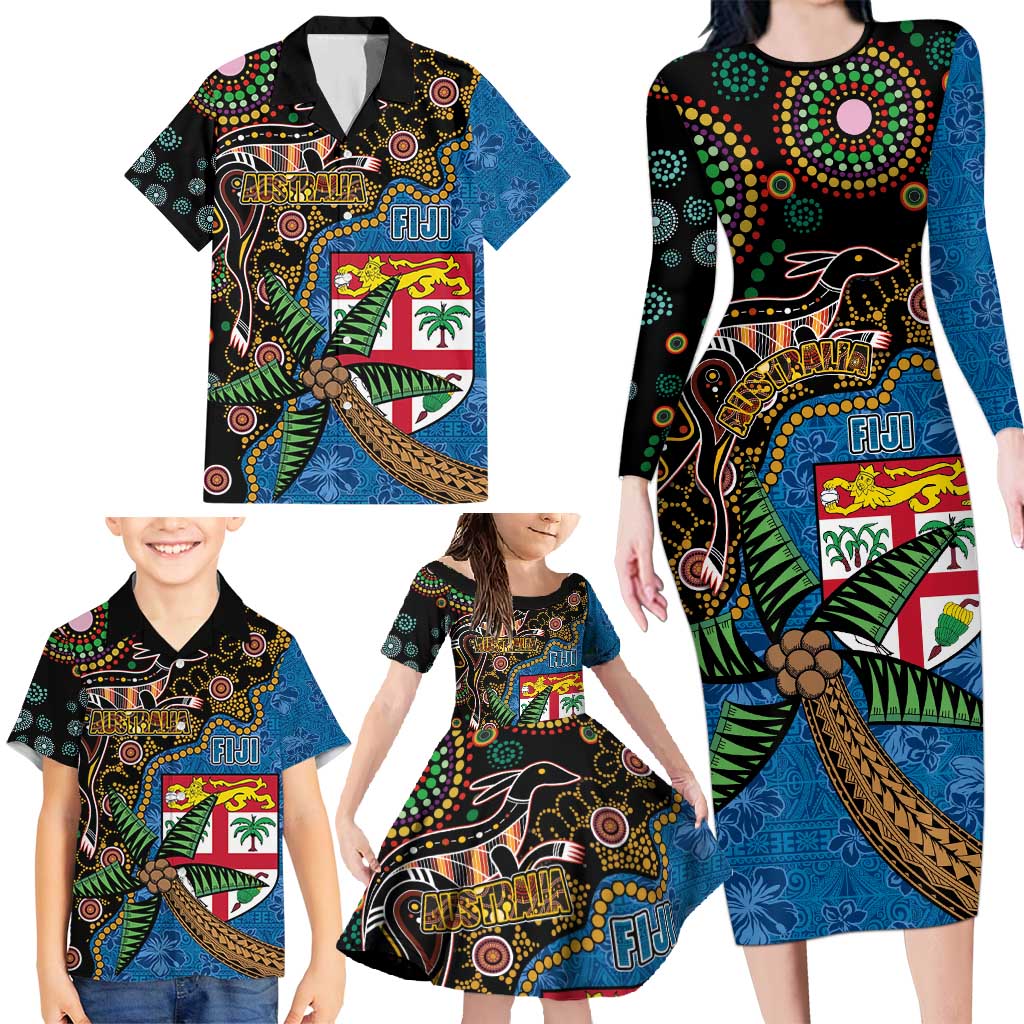 Fijian and Australian Culture Together Family Matching Long Sleeve Bodycon Dress and Hawaiian Shirt Aboriginal Art and Tapa Motifs with Kangaroo and Palm Tree LT03 - Polynesian Pride