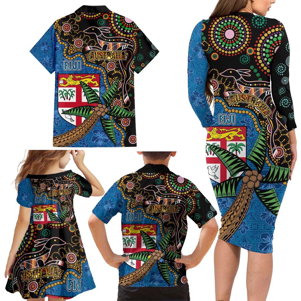 Fijian and Australian Culture Together Family Matching Long Sleeve Bodycon Dress and Hawaiian Shirt Aboriginal Art and Tapa Motifs with Kangaroo and Palm Tree LT03 - Polynesian Pride
