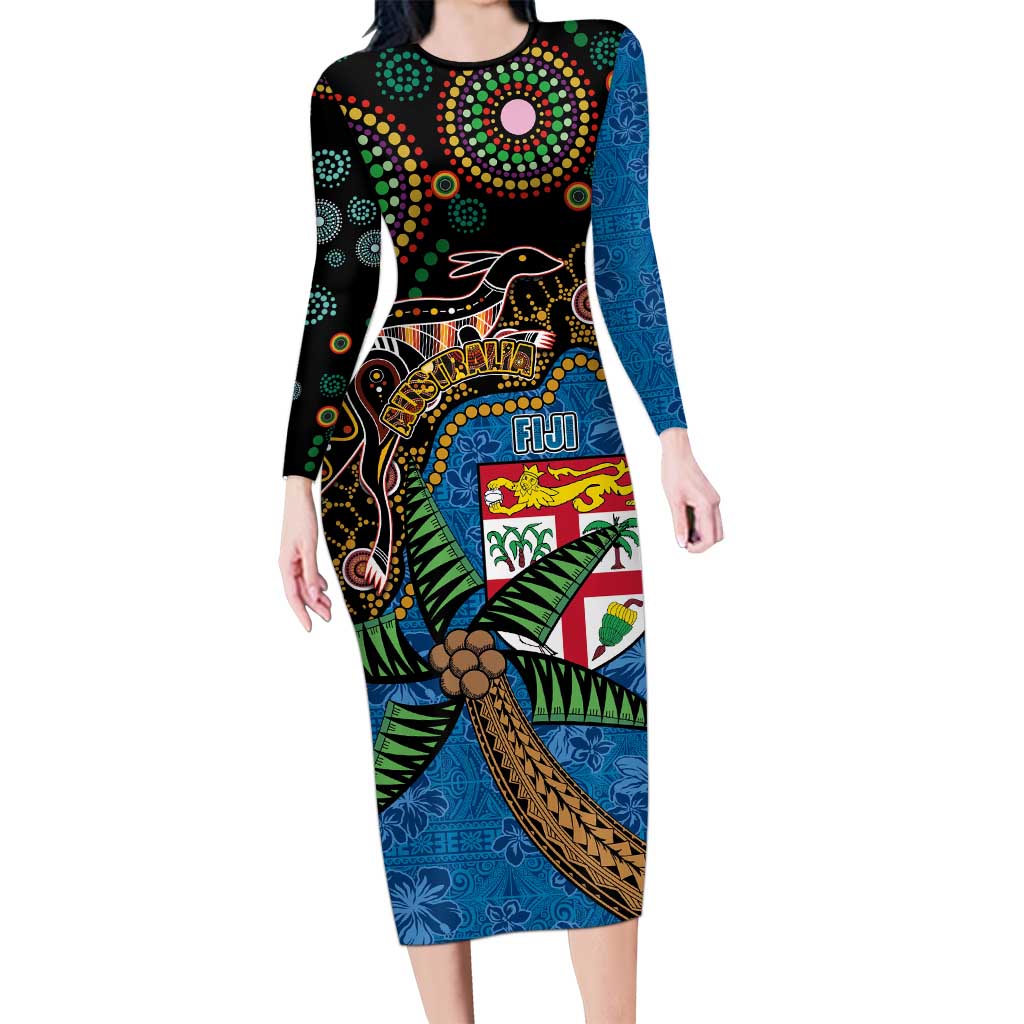 Fijian and Australian Culture Together Family Matching Long Sleeve Bodycon Dress and Hawaiian Shirt Aboriginal Art and Tapa Motifs with Kangaroo and Palm Tree LT03 Mom's Dress Black - Polynesian Pride