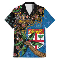 Fijian and Australian Culture Together Family Matching Mermaid Dress and Hawaiian Shirt Aboriginal Art and Tapa Motifs with Kangaroo and Palm Tree LT03 Dad's Shirt - Short Sleeve Black - Polynesian Pride