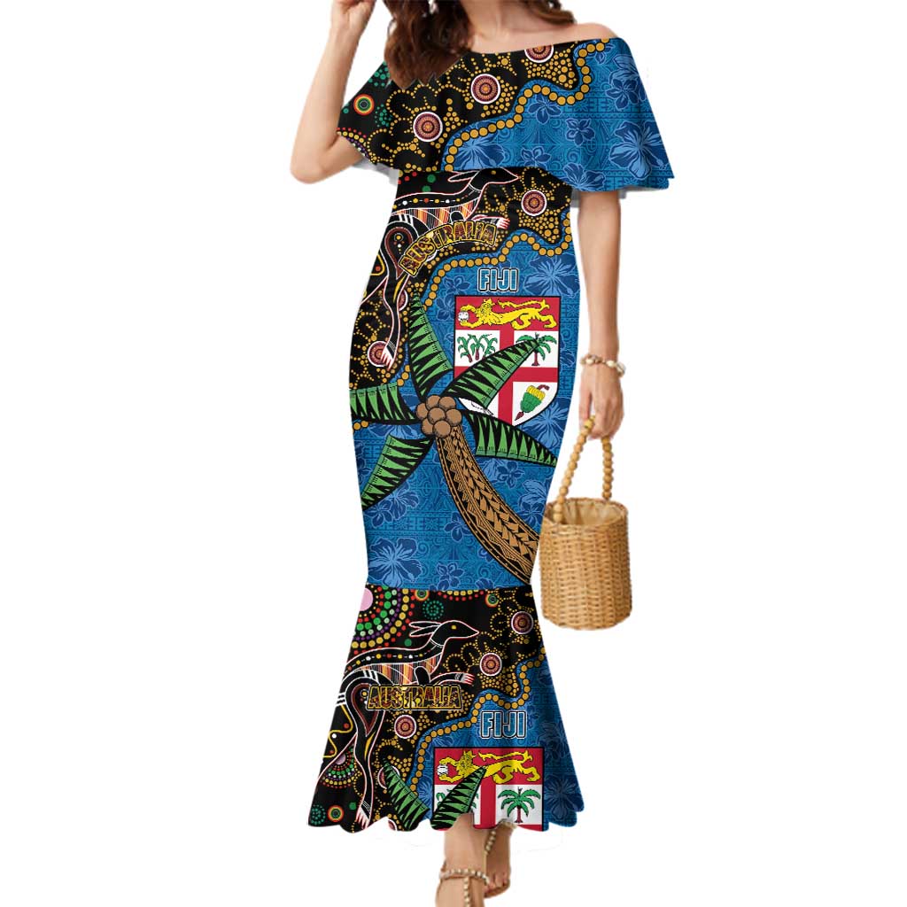 Fijian and Australian Culture Together Family Matching Mermaid Dress and Hawaiian Shirt Aboriginal Art and Tapa Motifs with Kangaroo and Palm Tree LT03 Mom's Dress Black - Polynesian Pride