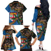 Fijian and Australian Culture Together Family Matching Off The Shoulder Long Sleeve Dress and Hawaiian Shirt Aboriginal Art and Tapa Motifs with Kangaroo and Palm Tree LT03 - Polynesian Pride