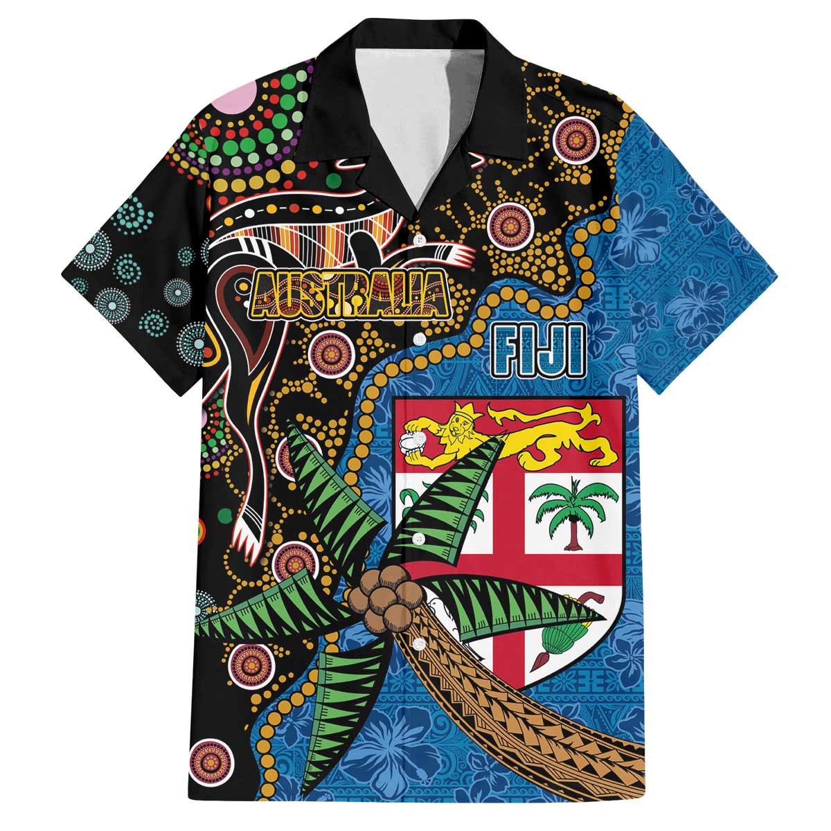 Fijian and Australian Culture Together Family Matching Off The Shoulder Long Sleeve Dress and Hawaiian Shirt Aboriginal Art and Tapa Motifs with Kangaroo and Palm Tree LT03 Dad's Shirt - Short Sleeve Black - Polynesian Pride