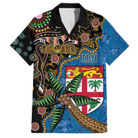 Fijian and Australian Culture Together Family Matching Off The Shoulder Long Sleeve Dress and Hawaiian Shirt Aboriginal Art and Tapa Motifs with Kangaroo and Palm Tree LT03 Dad's Shirt - Short Sleeve Black - Polynesian Pride