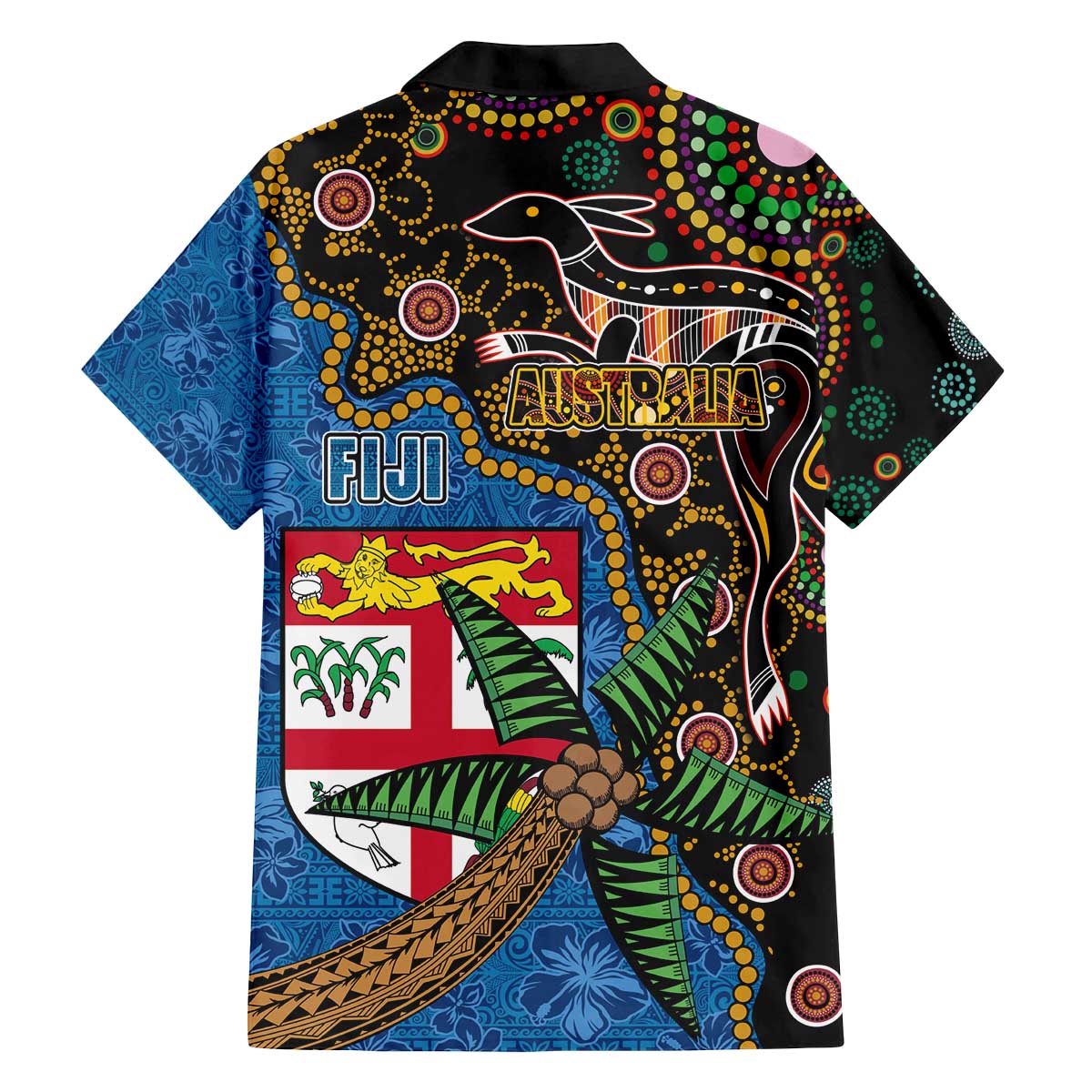 Fijian and Australian Culture Together Family Matching Off The Shoulder Long Sleeve Dress and Hawaiian Shirt Aboriginal Art and Tapa Motifs with Kangaroo and Palm Tree LT03 - Polynesian Pride