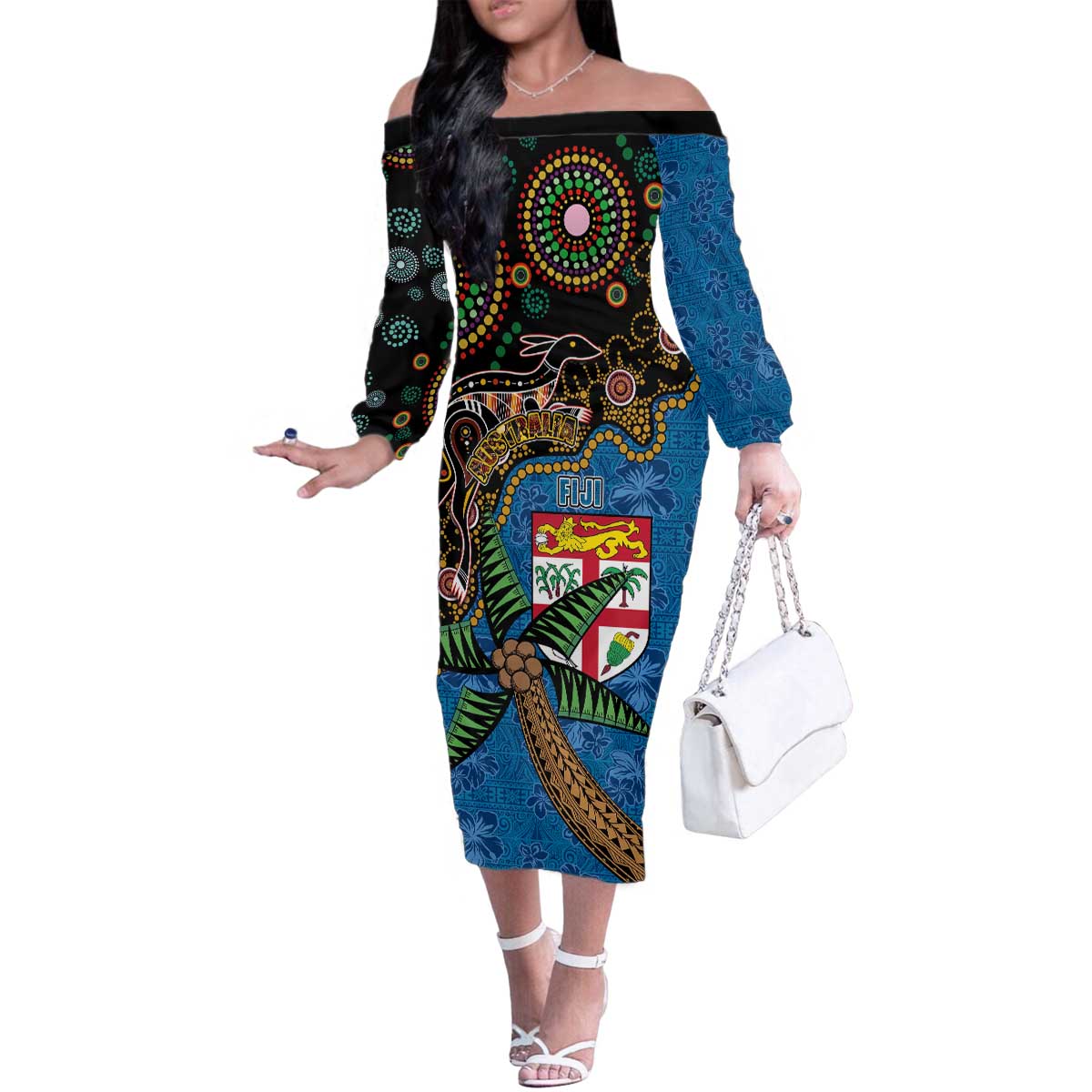 Fijian and Australian Culture Together Family Matching Off The Shoulder Long Sleeve Dress and Hawaiian Shirt Aboriginal Art and Tapa Motifs with Kangaroo and Palm Tree LT03 Mom's Dress Black - Polynesian Pride