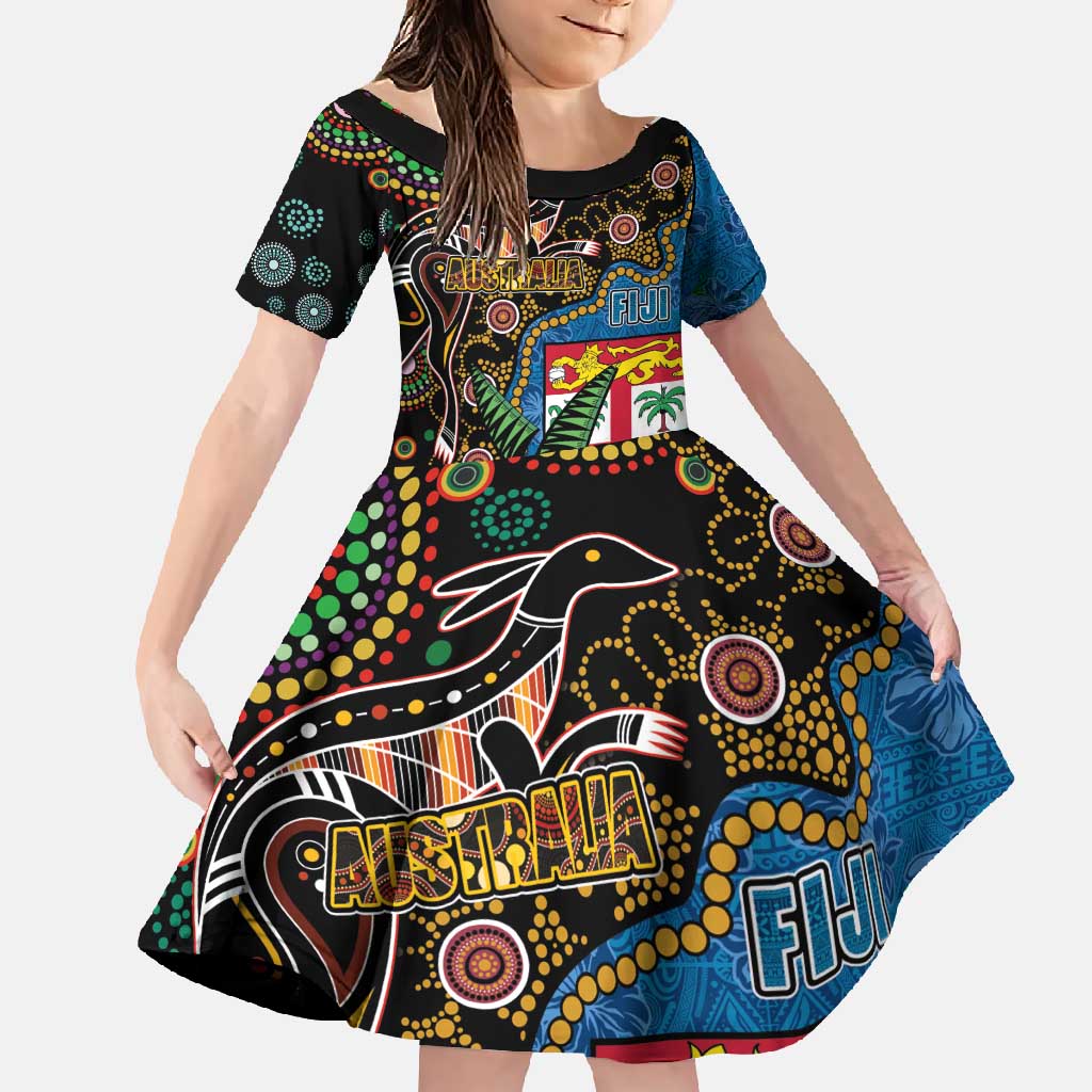 Fijian and Australian Culture Together Family Matching Off Shoulder Maxi Dress and Hawaiian Shirt Aboriginal Art and Tapa Motifs with Kangaroo and Palm Tree LT03 Daughter's Dress Black - Polynesian Pride