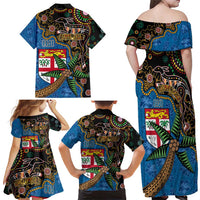 Fijian and Australian Culture Together Family Matching Off Shoulder Maxi Dress and Hawaiian Shirt Aboriginal Art and Tapa Motifs with Kangaroo and Palm Tree LT03 - Polynesian Pride
