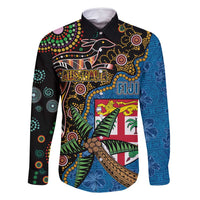 Fijian and Australian Culture Together Family Matching Off Shoulder Maxi Dress and Hawaiian Shirt Aboriginal Art and Tapa Motifs with Kangaroo and Palm Tree LT03 Dad's Shirt - Long Sleeve Black - Polynesian Pride