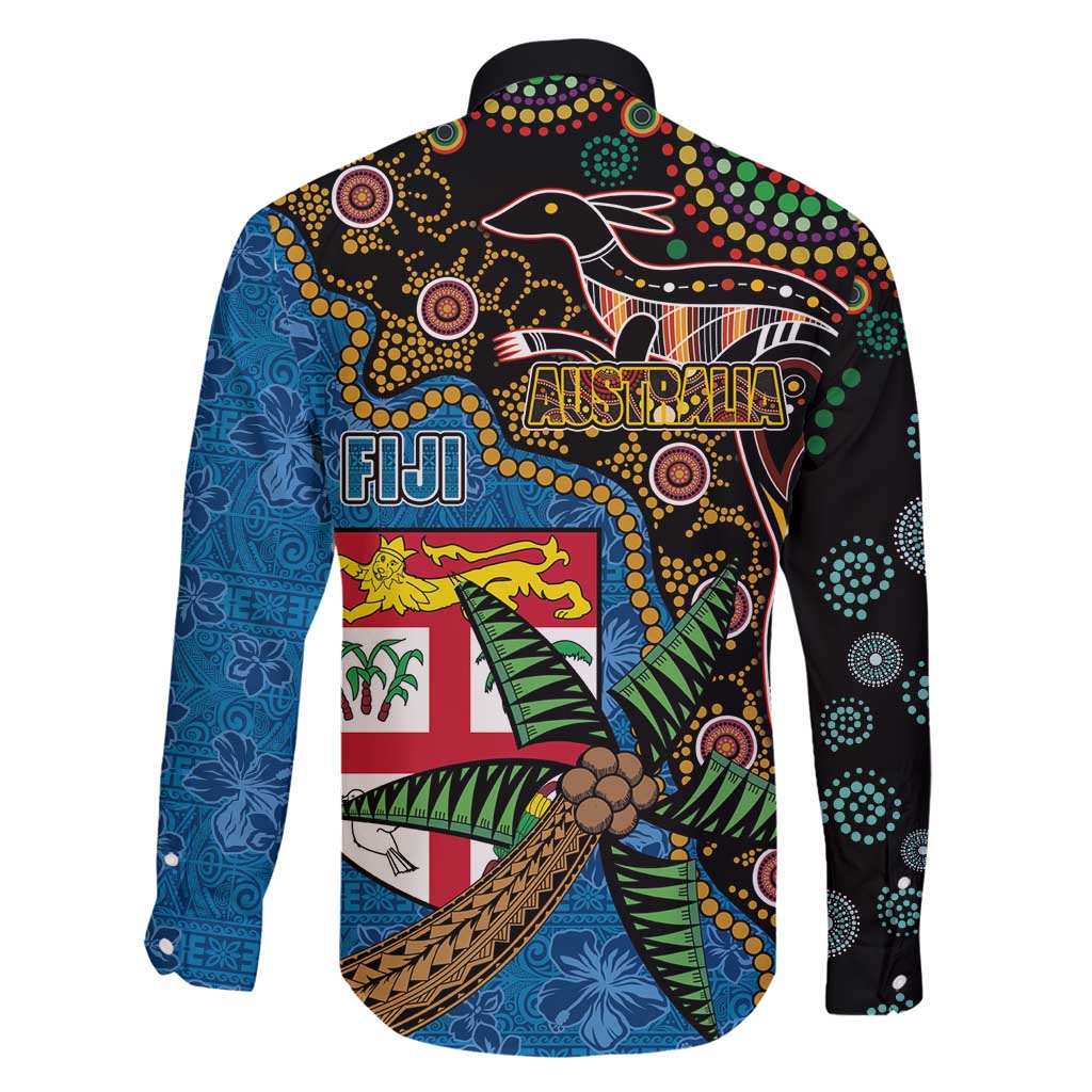 Fijian and Australian Culture Together Family Matching Off Shoulder Maxi Dress and Hawaiian Shirt Aboriginal Art and Tapa Motifs with Kangaroo and Palm Tree LT03 - Polynesian Pride
