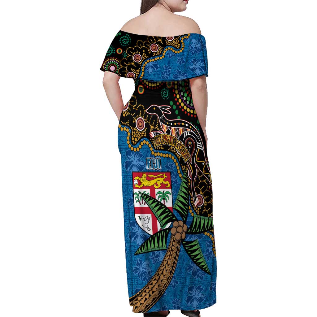 Fijian and Australian Culture Together Family Matching Off Shoulder Maxi Dress and Hawaiian Shirt Aboriginal Art and Tapa Motifs with Kangaroo and Palm Tree LT03 - Polynesian Pride