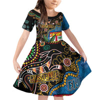 Fijian and Australian Culture Together Family Matching Off Shoulder Short Dress and Hawaiian Shirt Aboriginal Art and Tapa Motifs with Kangaroo and Palm Tree LT03 Daughter's Dress Black - Polynesian Pride