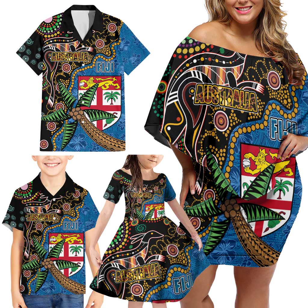 Fijian and Australian Culture Together Family Matching Off Shoulder Short Dress and Hawaiian Shirt Aboriginal Art and Tapa Motifs with Kangaroo and Palm Tree LT03 - Polynesian Pride