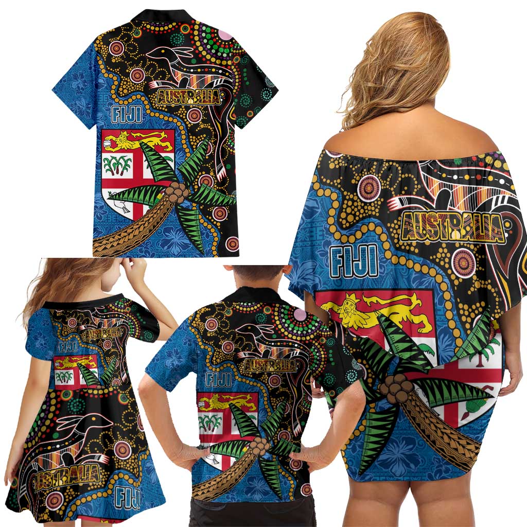 Fijian and Australian Culture Together Family Matching Off Shoulder Short Dress and Hawaiian Shirt Aboriginal Art and Tapa Motifs with Kangaroo and Palm Tree LT03 - Polynesian Pride