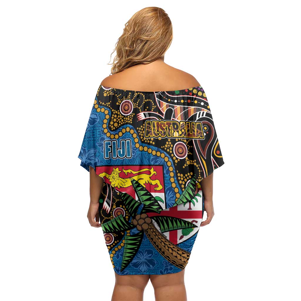 Fijian and Australian Culture Together Family Matching Off Shoulder Short Dress and Hawaiian Shirt Aboriginal Art and Tapa Motifs with Kangaroo and Palm Tree LT03 - Polynesian Pride