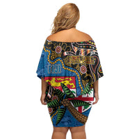Fijian and Australian Culture Together Family Matching Off Shoulder Short Dress and Hawaiian Shirt Aboriginal Art and Tapa Motifs with Kangaroo and Palm Tree LT03 - Polynesian Pride