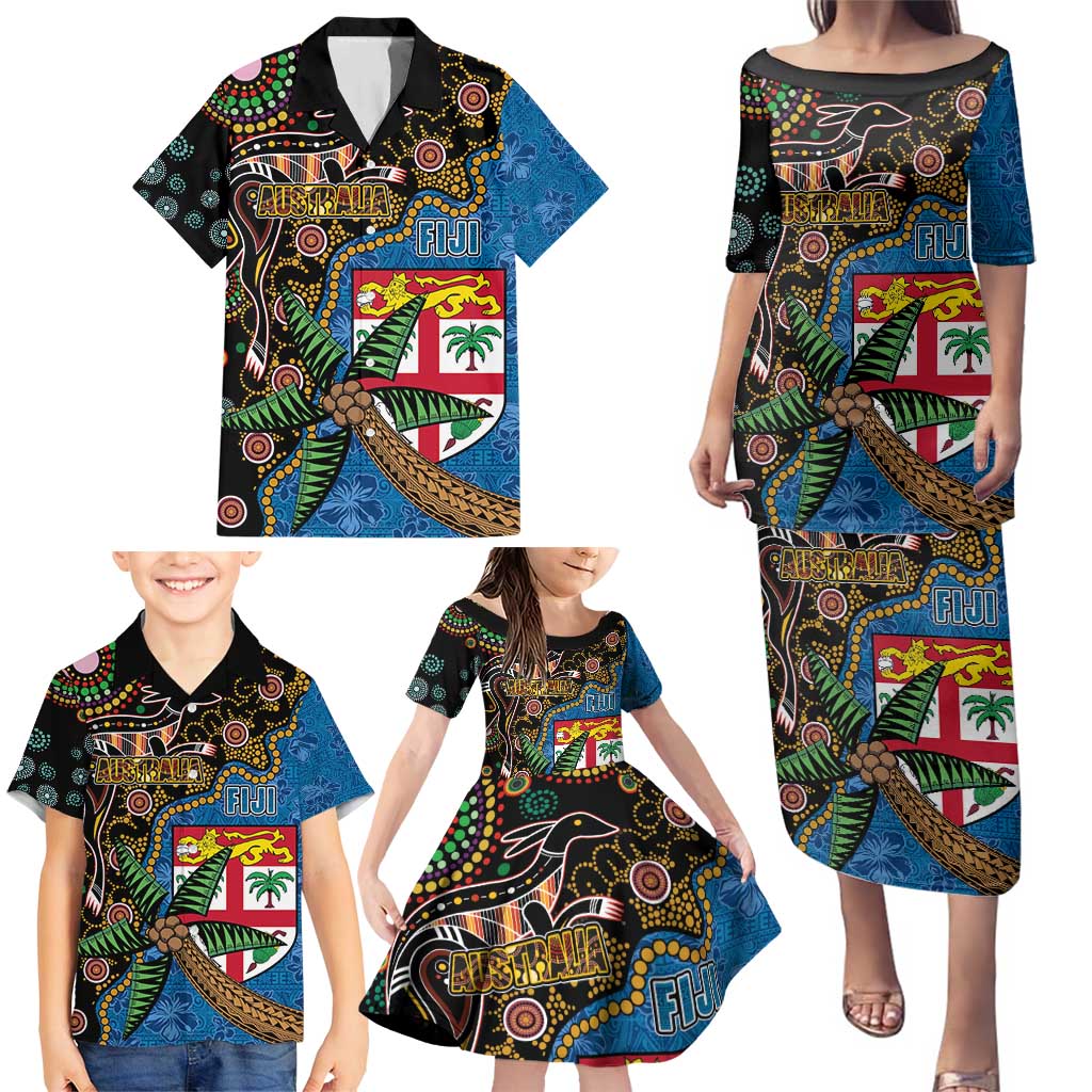 Fijian and Australian Culture Together Family Matching Puletasi and Hawaiian Shirt Aboriginal Art and Tapa Motifs with Kangaroo and Palm Tree - Polynesian Pride