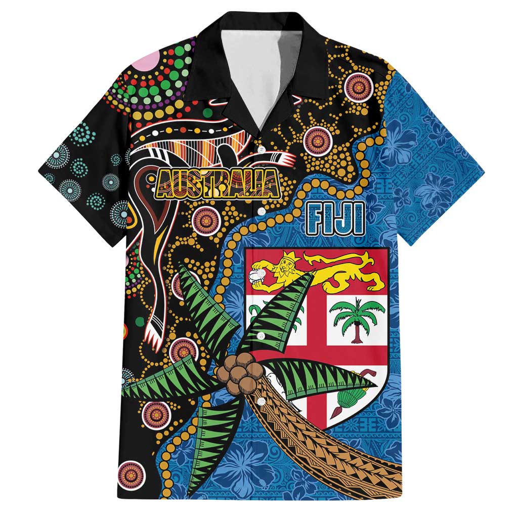Fijian and Australian Culture Together Family Matching Puletasi and Hawaiian Shirt Aboriginal Art and Tapa Motifs with Kangaroo and Palm Tree LT03 Dad's Shirt - Short Sleeve Black - Polynesian Pride
