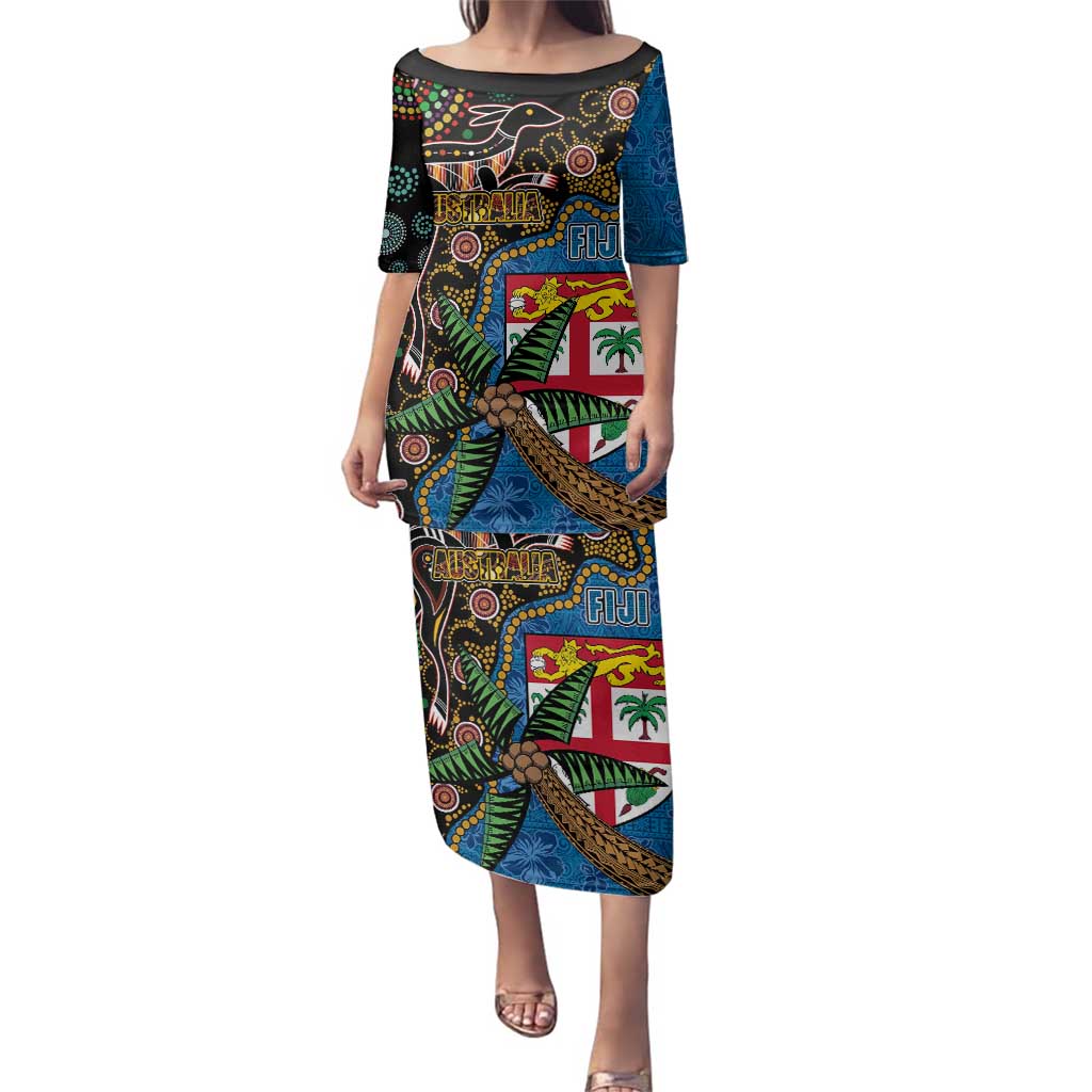 Fijian and Australian Culture Together Family Matching Puletasi and Hawaiian Shirt Aboriginal Art and Tapa Motifs with Kangaroo and Palm Tree LT03 Mom's Dress Black - Polynesian Pride