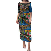 Fijian and Australian Culture Together Family Matching Puletasi and Hawaiian Shirt Aboriginal Art and Tapa Motifs with Kangaroo and Palm Tree LT03 Mom's Dress Black - Polynesian Pride