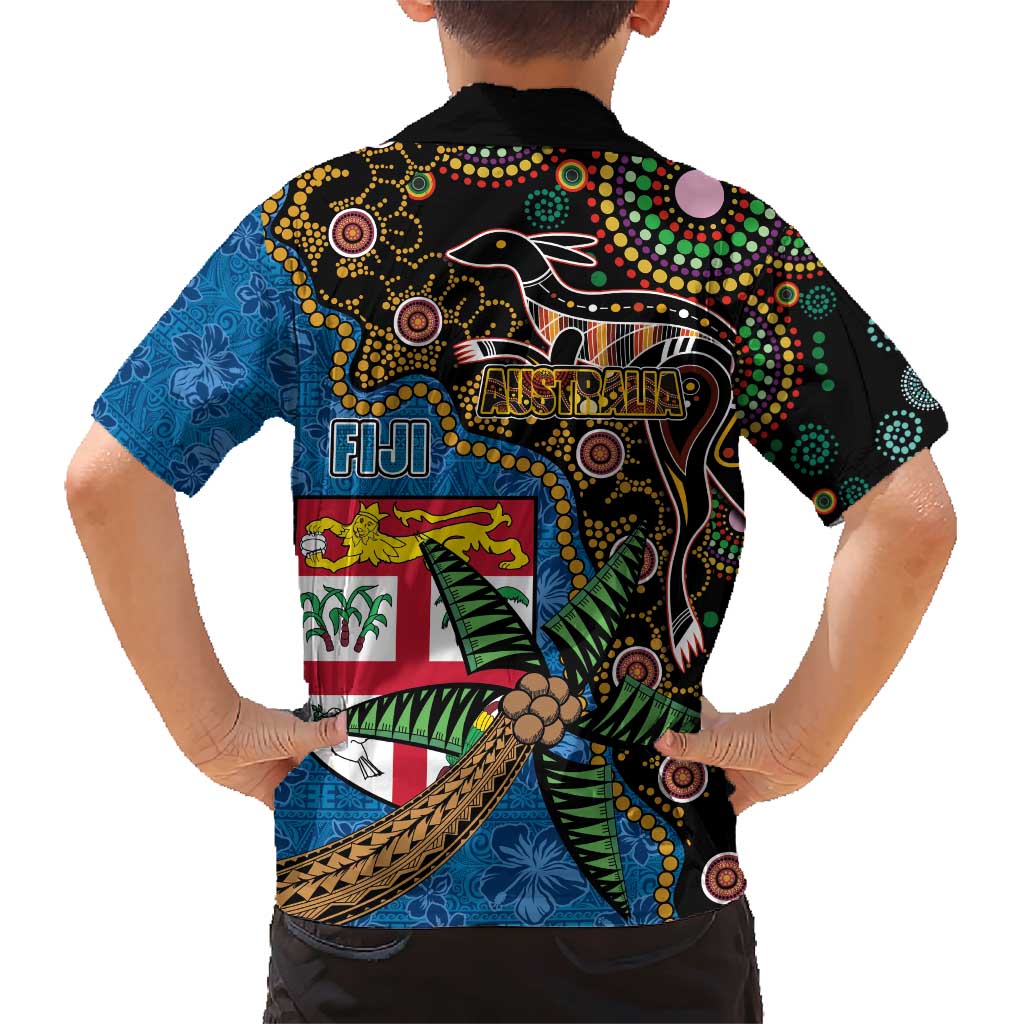 Fijian and Australian Culture Together Family Matching Short Sleeve Bodycon Dress and Hawaiian Shirt Aboriginal Art and Tapa Motifs with Kangaroo and Palm Tree LT03 - Polynesian Pride