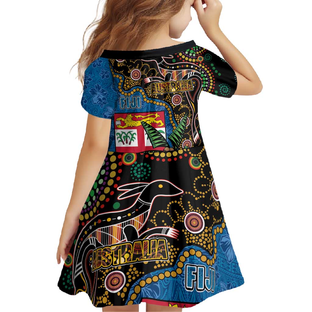 Fijian and Australian Culture Together Family Matching Short Sleeve Bodycon Dress and Hawaiian Shirt Aboriginal Art and Tapa Motifs with Kangaroo and Palm Tree LT03 - Polynesian Pride