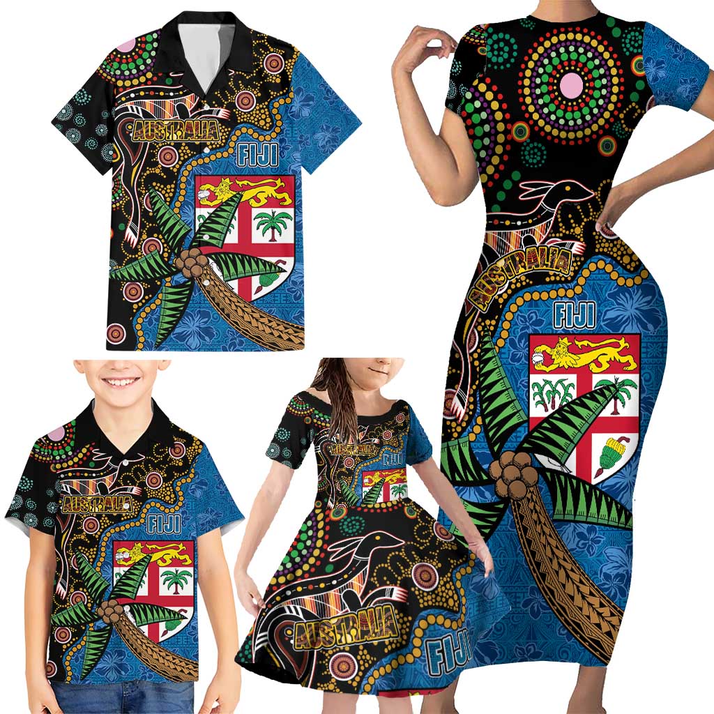 Fijian and Australian Culture Together Family Matching Short Sleeve Bodycon Dress and Hawaiian Shirt Aboriginal Art and Tapa Motifs with Kangaroo and Palm Tree LT03 - Polynesian Pride