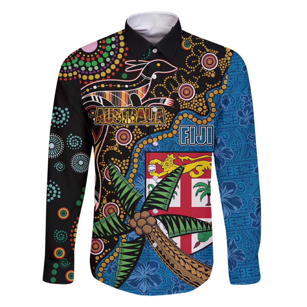 Fijian and Australian Culture Together Family Matching Short Sleeve Bodycon Dress and Hawaiian Shirt Aboriginal Art and Tapa Motifs with Kangaroo and Palm Tree LT03 Dad's Shirt - Long Sleeve Black - Polynesian Pride