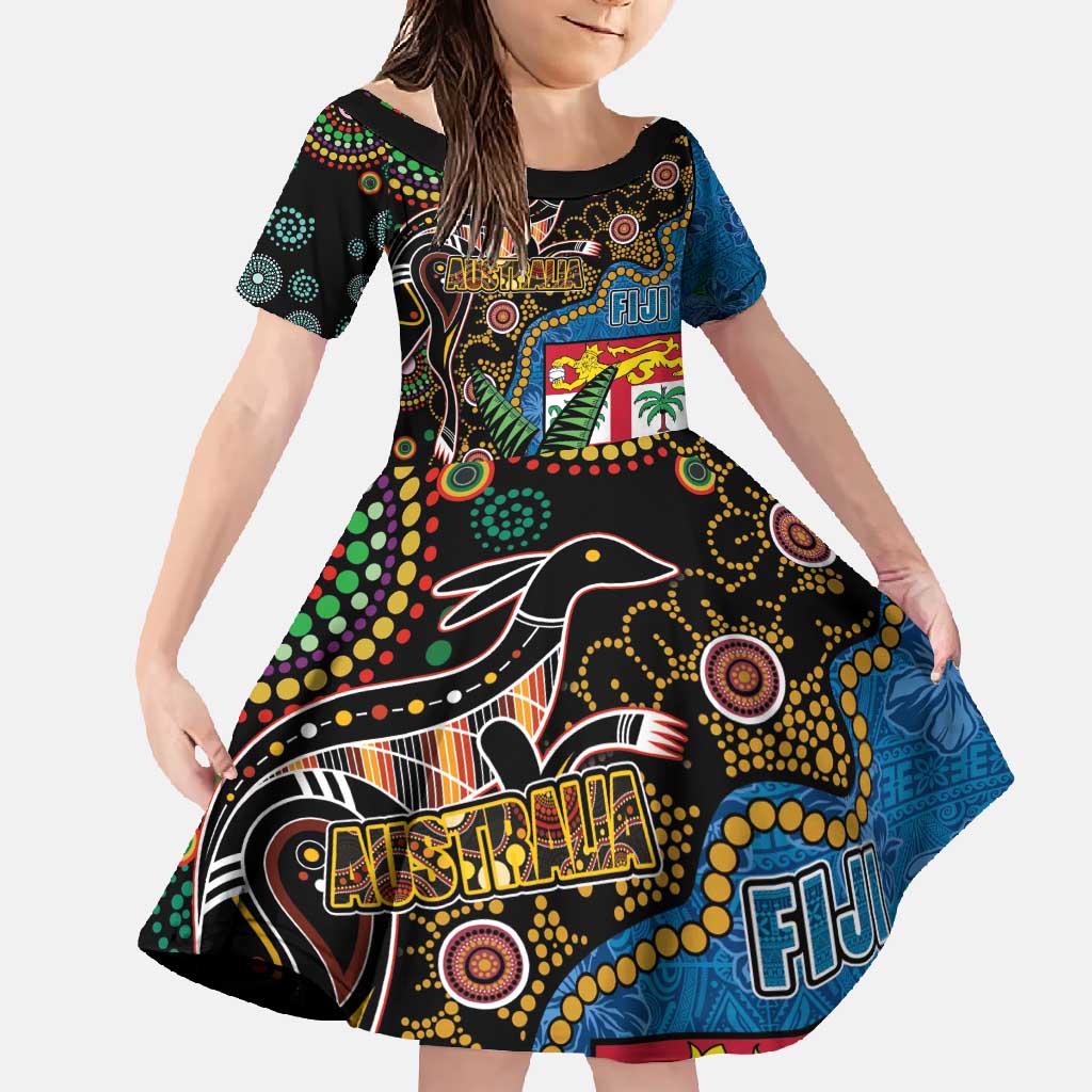 Fijian and Australian Culture Together Family Matching Summer Maxi Dress and Hawaiian Shirt Aboriginal Art and Tapa Motifs with Kangaroo and Palm Tree LT03 Daughter's Dress Black - Polynesian Pride