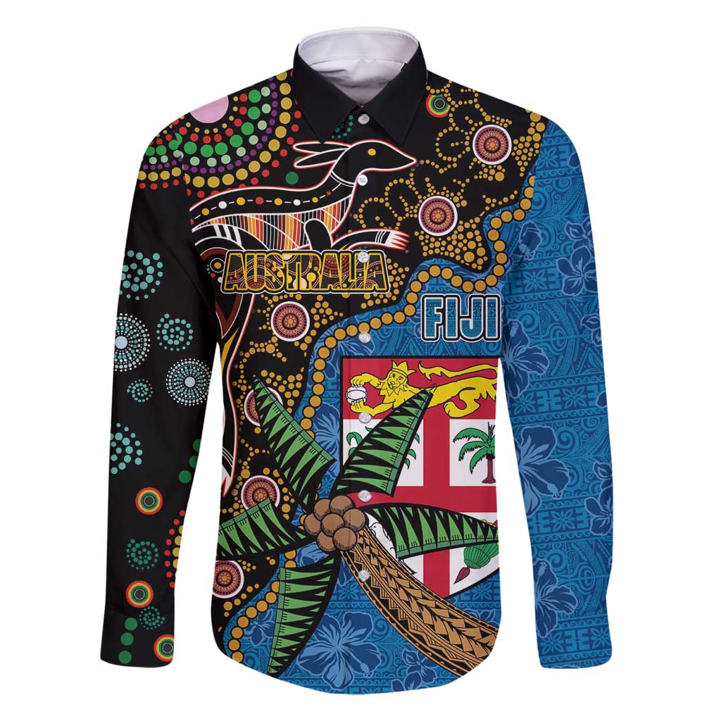 Fijian and Australian Culture Together Family Matching Summer Maxi Dress and Hawaiian Shirt Aboriginal Art and Tapa Motifs with Kangaroo and Palm Tree LT03 Dad's Shirt - Long Sleeve Black - Polynesian Pride