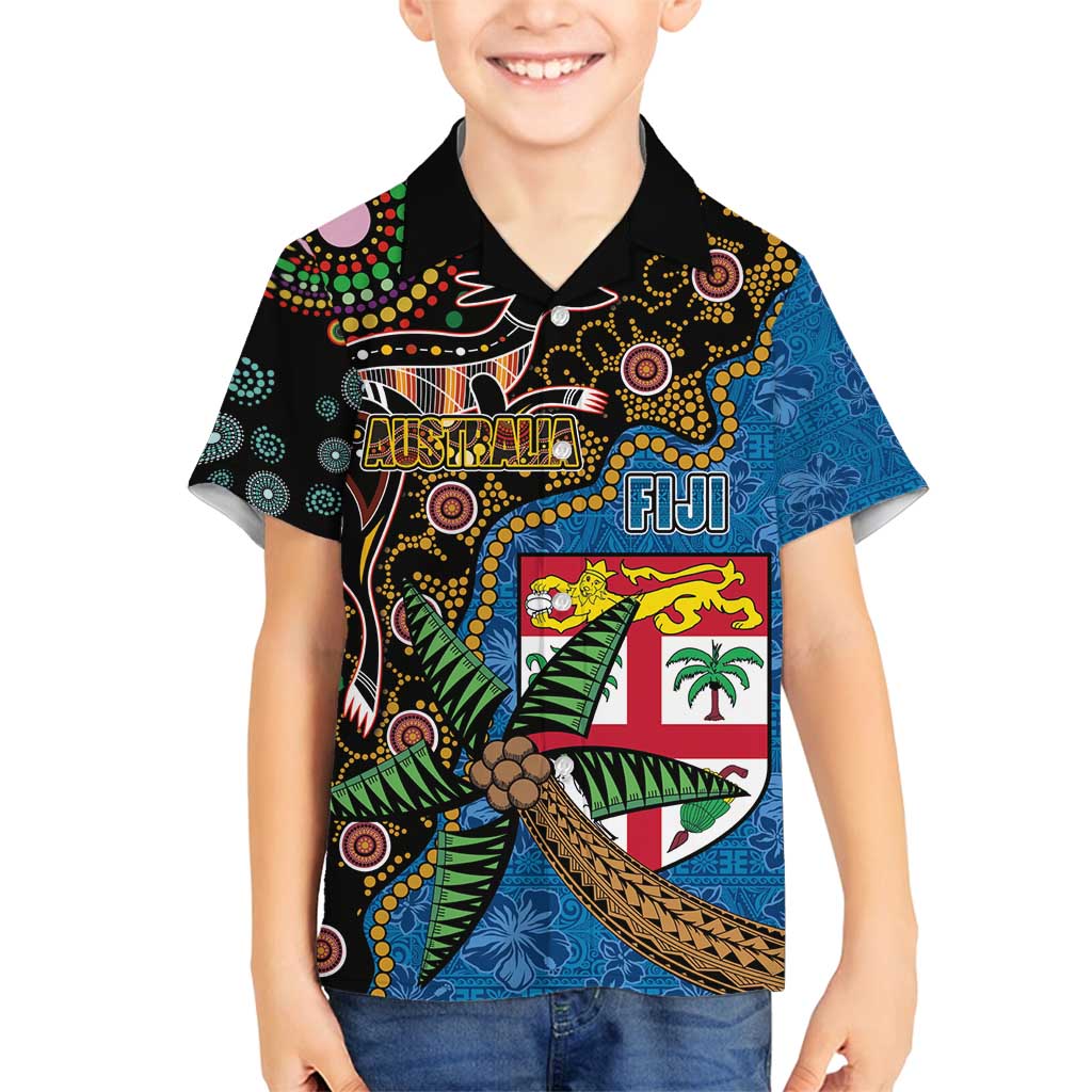 Fijian and Australian Culture Together Family Matching Summer Maxi Dress and Hawaiian Shirt Aboriginal Art and Tapa Motifs with Kangaroo and Palm Tree LT03 Son's Shirt Black - Polynesian Pride