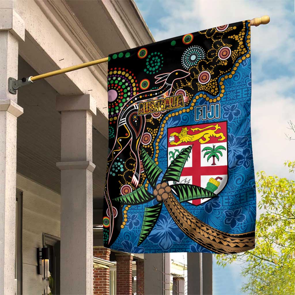 Fijian and Australian Culture Together Garden Flag Aboriginal Art and Tapa Motifs with Kangaroo and Palm Tree LT03 House Flag Black - Polynesian Pride