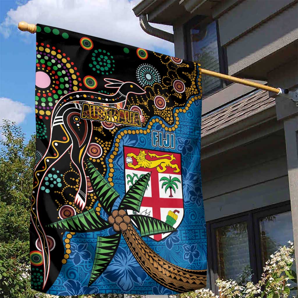 Fijian and Australian Culture Together Garden Flag Aboriginal Art and Tapa Motifs with Kangaroo and Palm Tree LT03 - Polynesian Pride