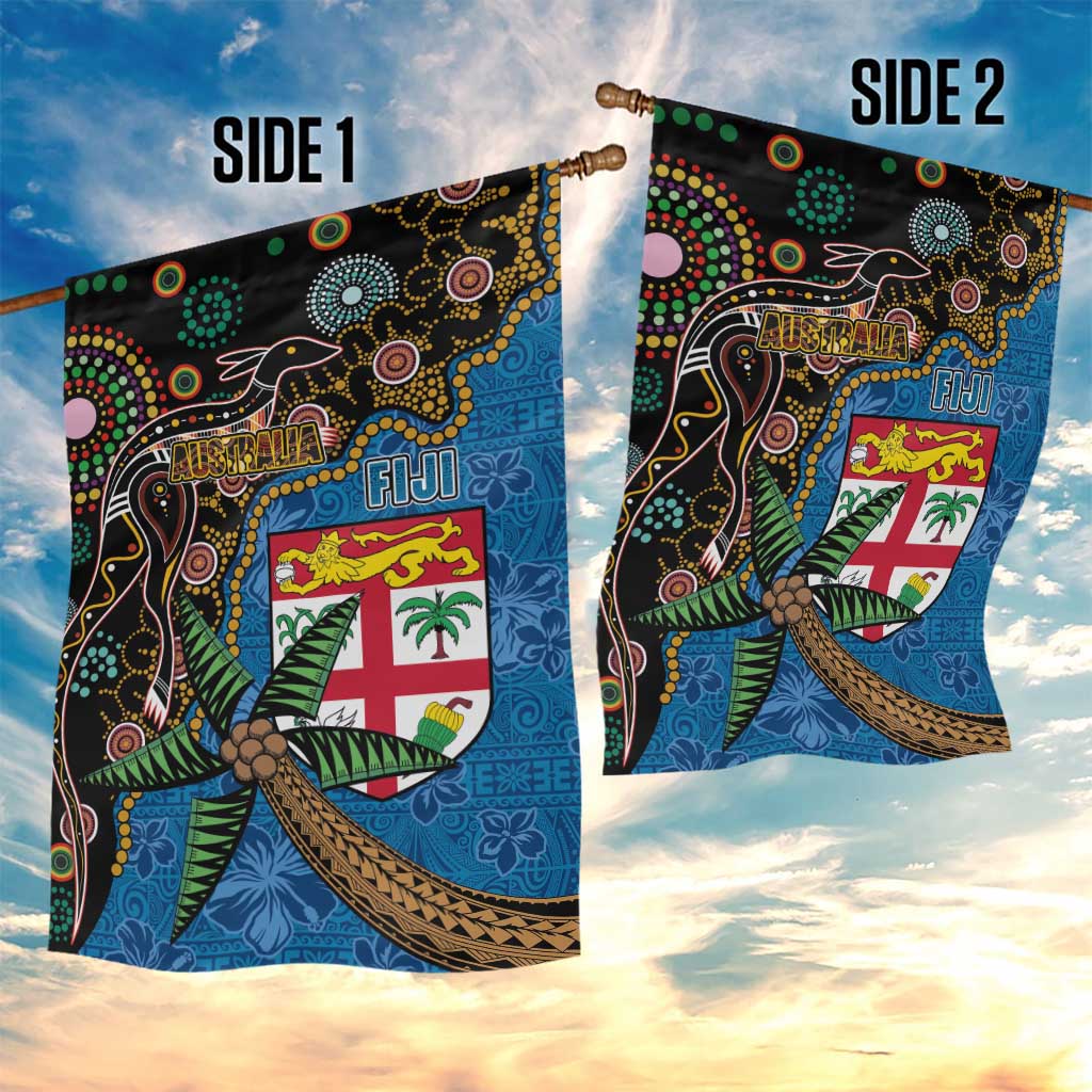 Fijian and Australian Culture Together Garden Flag Aboriginal Art and Tapa Motifs with Kangaroo and Palm Tree LT03 - Polynesian Pride