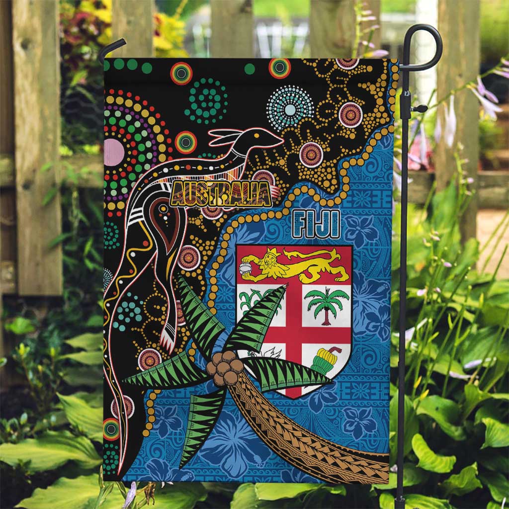 Fijian and Australian Culture Together Garden Flag Aboriginal Art and Tapa Motifs with Kangaroo and Palm Tree LT03 Garden Flag Black - Polynesian Pride