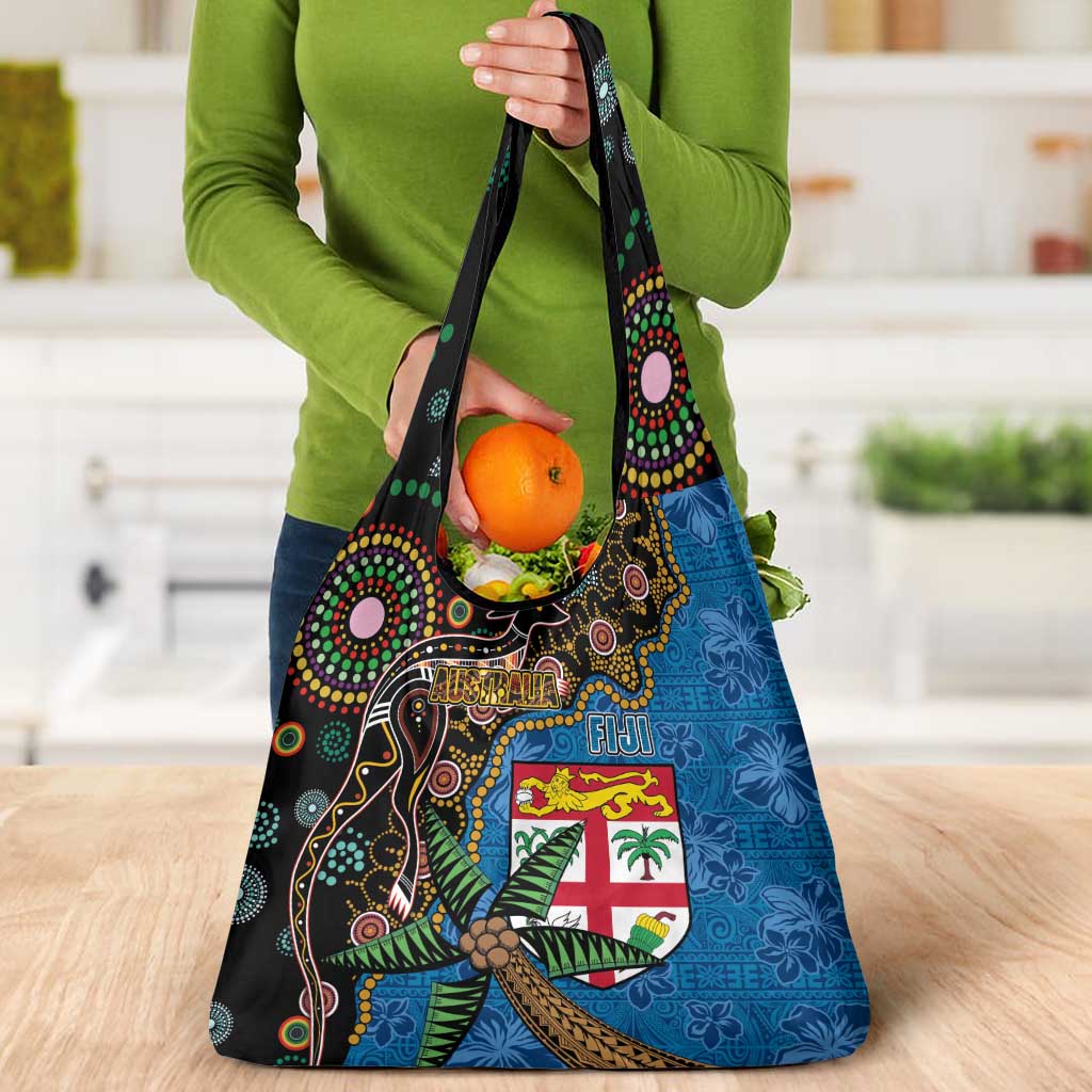 Fijian and Australian Culture Together Grocery Bag Aboriginal Art and Tapa Motifs with Kangaroo and Palm Tree LT03 - Polynesian Pride