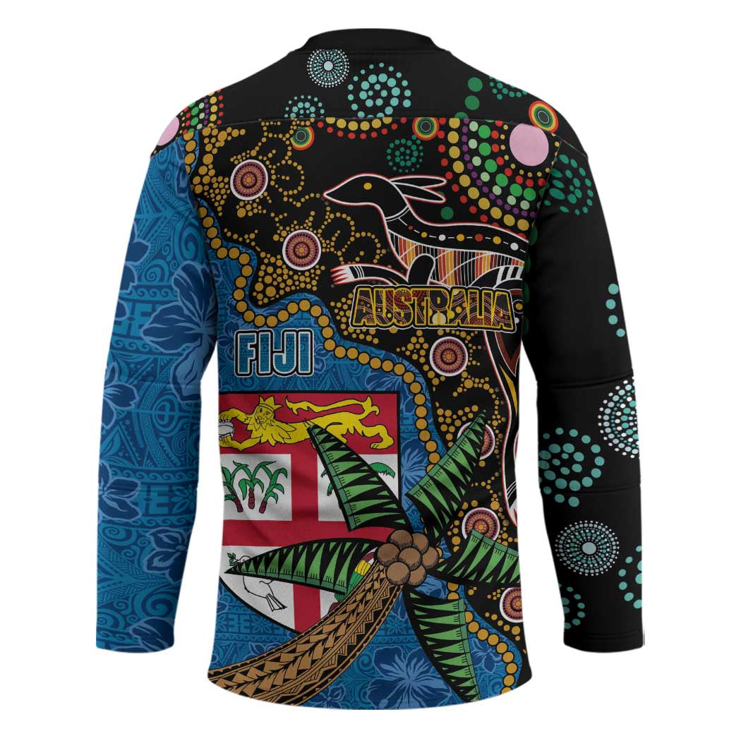 Fijian and Australian Culture Together Hockey Jersey Aboriginal Art and Tapa Motifs with Kangaroo and Palm Tree LT03 - Polynesian Pride