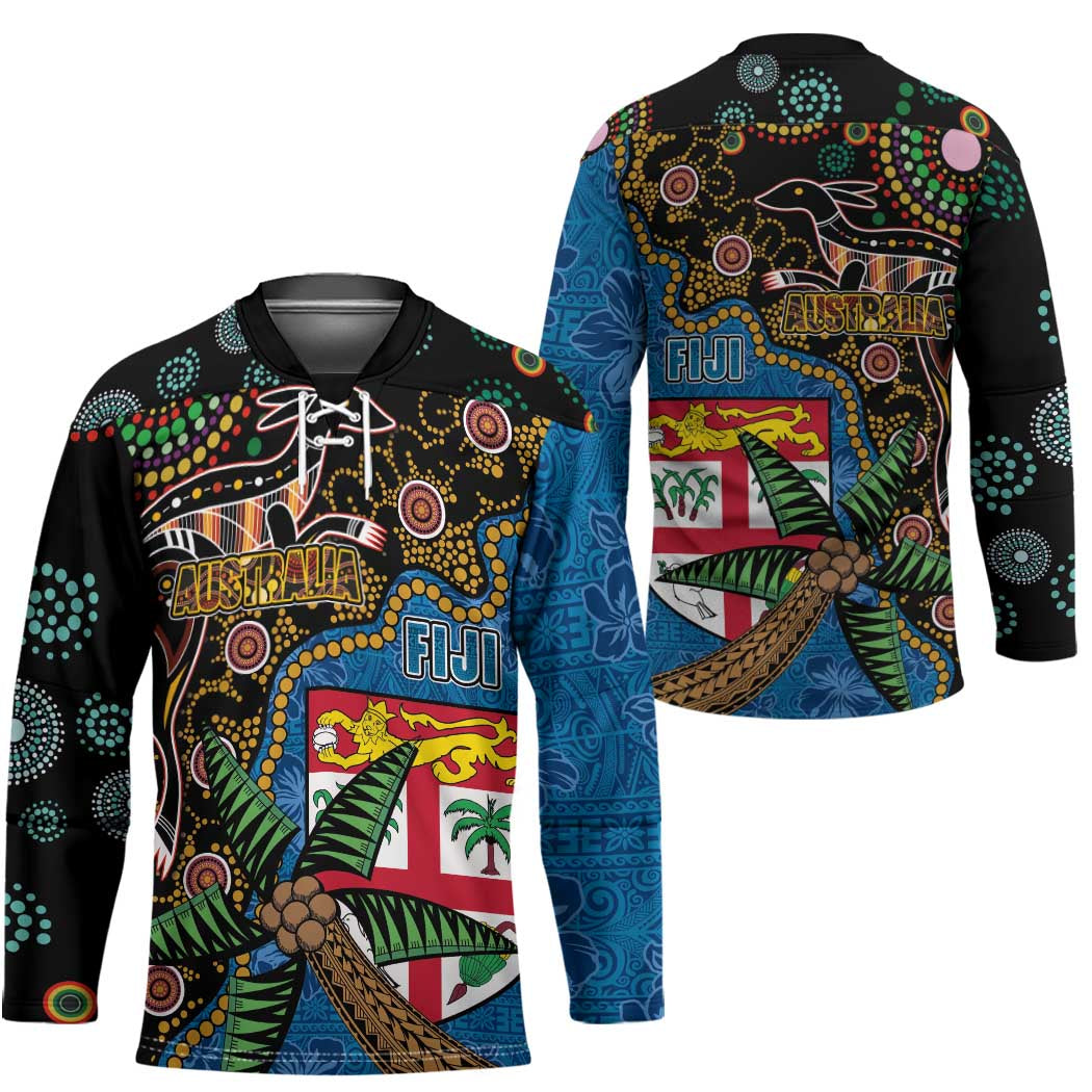 Fijian and Australian Culture Together Hockey Jersey Aboriginal Art and Tapa Motifs with Kangaroo and Palm Tree LT03 - Polynesian Pride