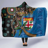 Fijian and Australian Culture Together Hooded Blanket Aboriginal Art and Tapa Motifs with Kangaroo and Palm Tree LT03 One Size Black - Polynesian Pride