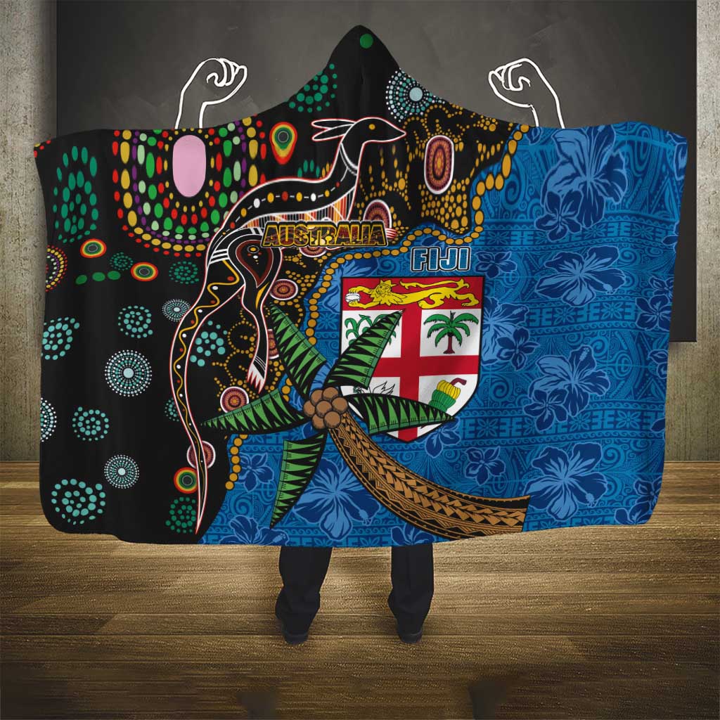 Fijian and Australian Culture Together Hooded Blanket Aboriginal Art and Tapa Motifs with Kangaroo and Palm Tree LT03 - Polynesian Pride
