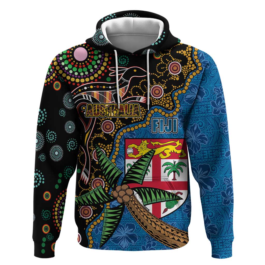 Fijian and Australian Culture Together Hoodie Aboriginal Art and Tapa Motifs with Kangaroo and Palm Tree LT03 Pullover Hoodie Black - Polynesian Pride