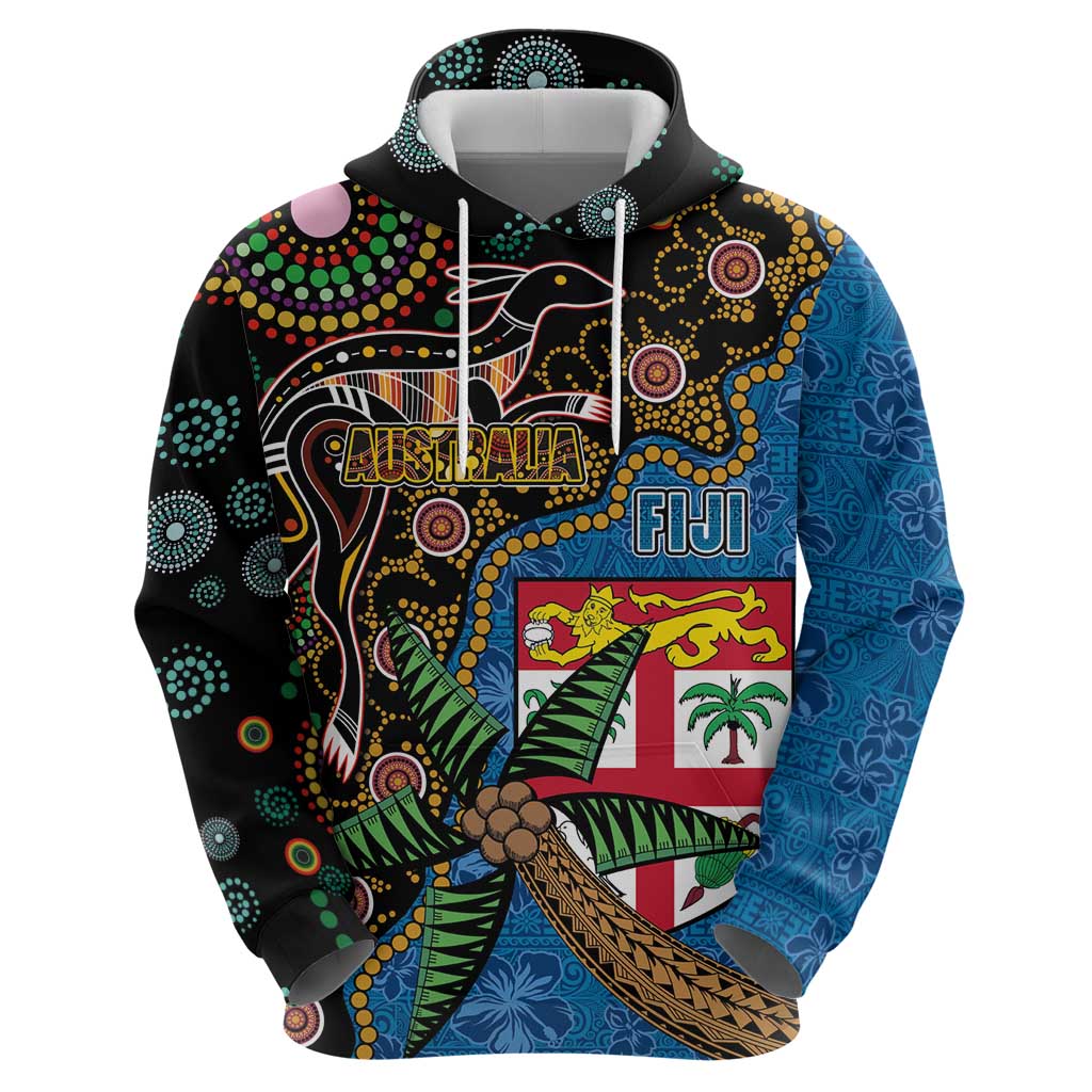 Fijian and Australian Culture Together Hoodie Aboriginal Art and Tapa Motifs with Kangaroo and Palm Tree LT03 - Polynesian Pride