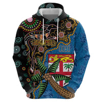 Fijian and Australian Culture Together Hoodie Aboriginal Art and Tapa Motifs with Kangaroo and Palm Tree LT03 - Polynesian Pride