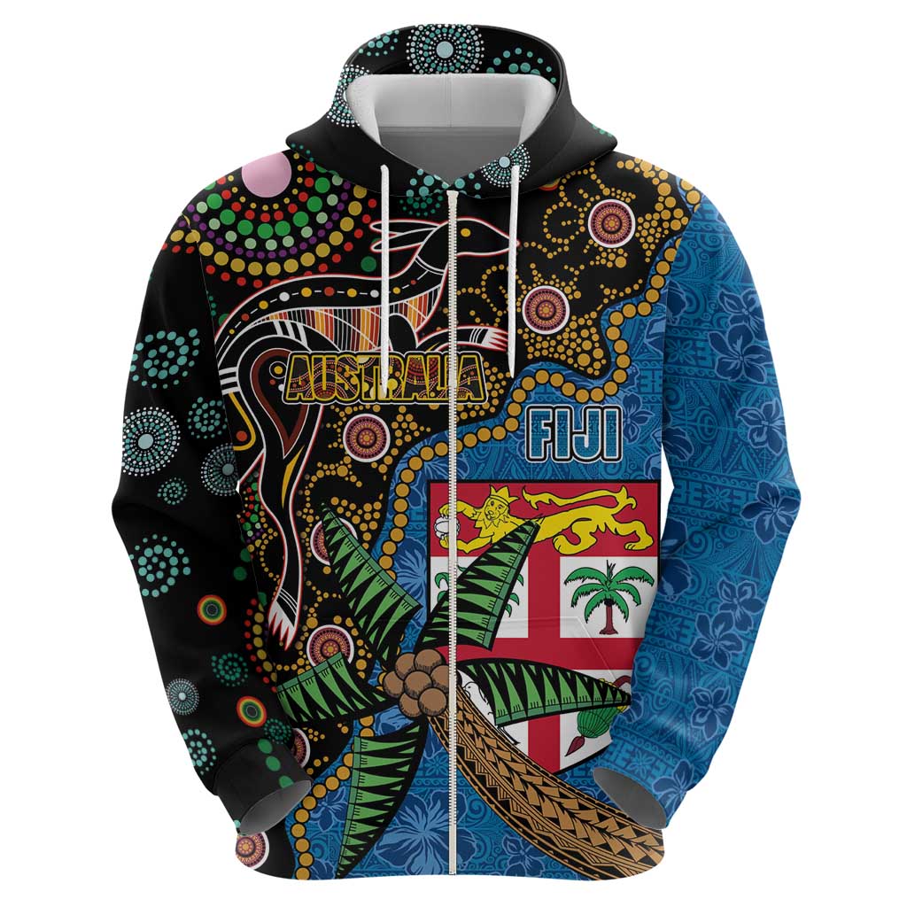 Fijian and Australian Culture Together Hoodie Aboriginal Art and Tapa Motifs with Kangaroo and Palm Tree LT03 - Polynesian Pride