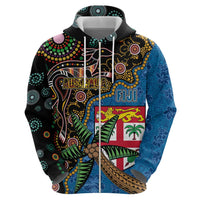 Fijian and Australian Culture Together Hoodie Aboriginal Art and Tapa Motifs with Kangaroo and Palm Tree LT03 - Polynesian Pride
