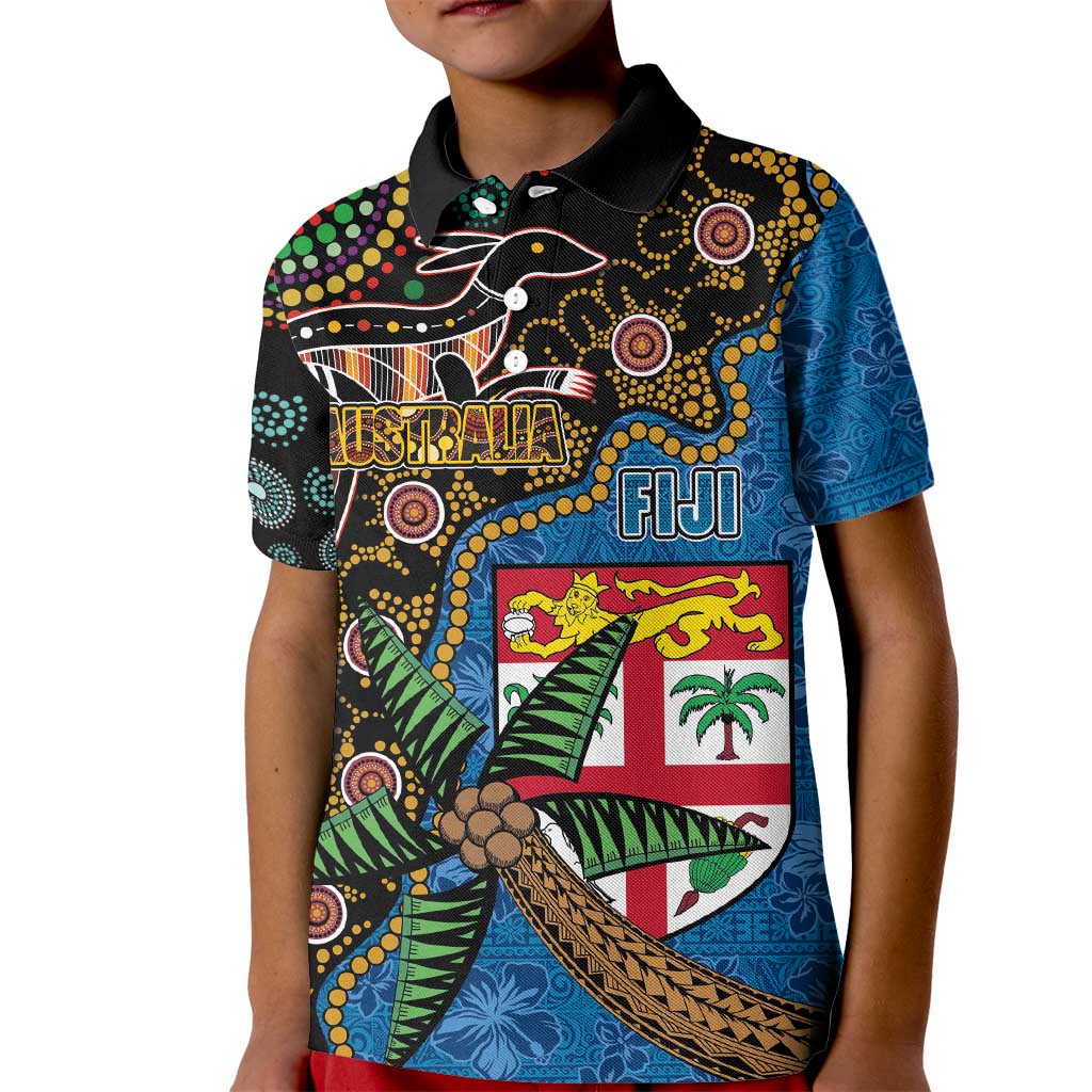 Fijian and Australian Culture Together Kid Polo Shirt Aboriginal Art and Tapa Motifs with Kangaroo and Palm Tree LT03 Kid Black - Polynesian Pride