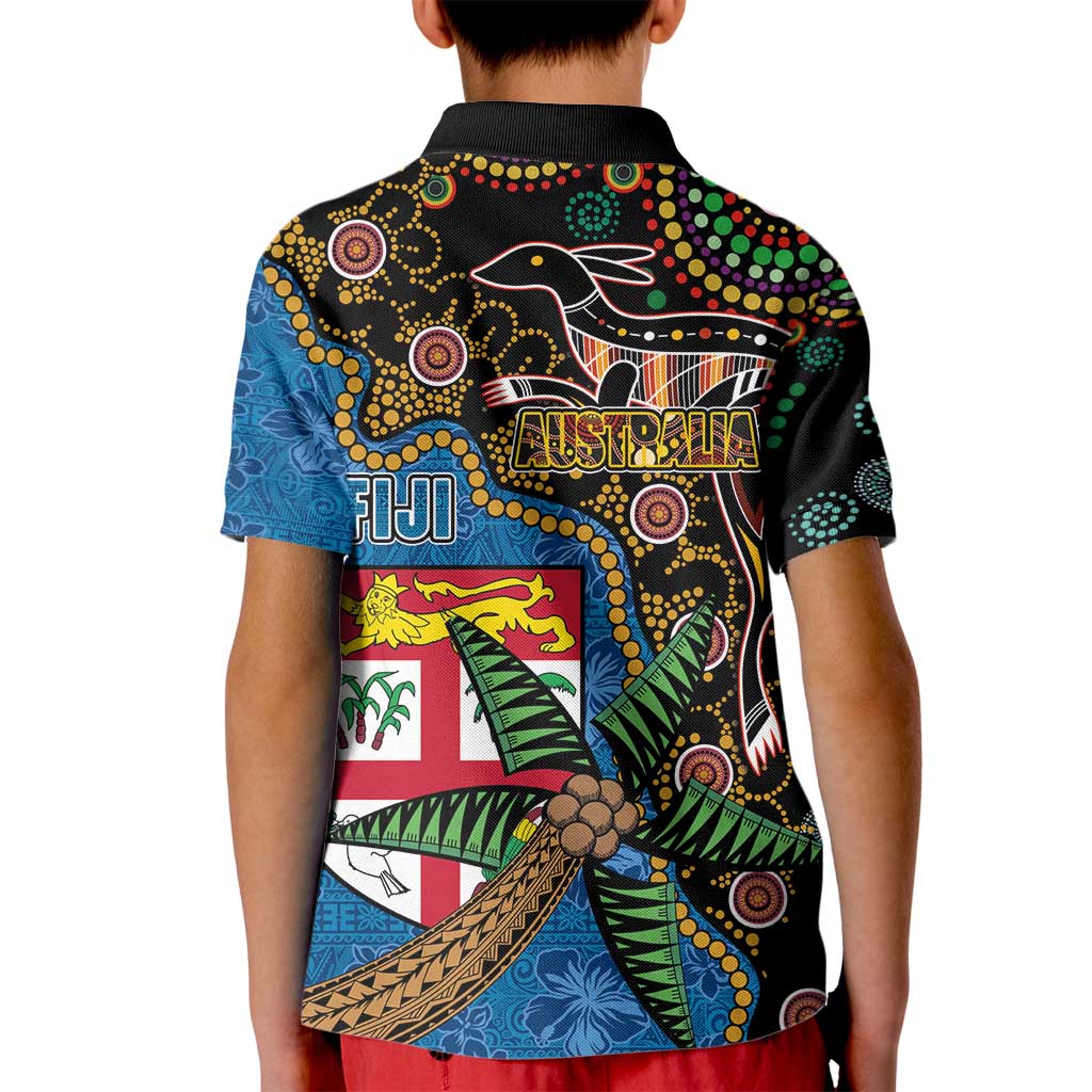 Fijian and Australian Culture Together Kid Polo Shirt Aboriginal Art and Tapa Motifs with Kangaroo and Palm Tree LT03 - Polynesian Pride