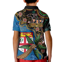 Fijian and Australian Culture Together Kid Polo Shirt Aboriginal Art and Tapa Motifs with Kangaroo and Palm Tree LT03 - Polynesian Pride