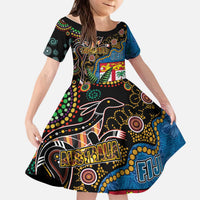 Fijian and Australian Culture Together Kid Short Sleeve Dress Aboriginal Art and Tapa Motifs with Kangaroo and Palm Tree LT03 KID Black - Polynesian Pride
